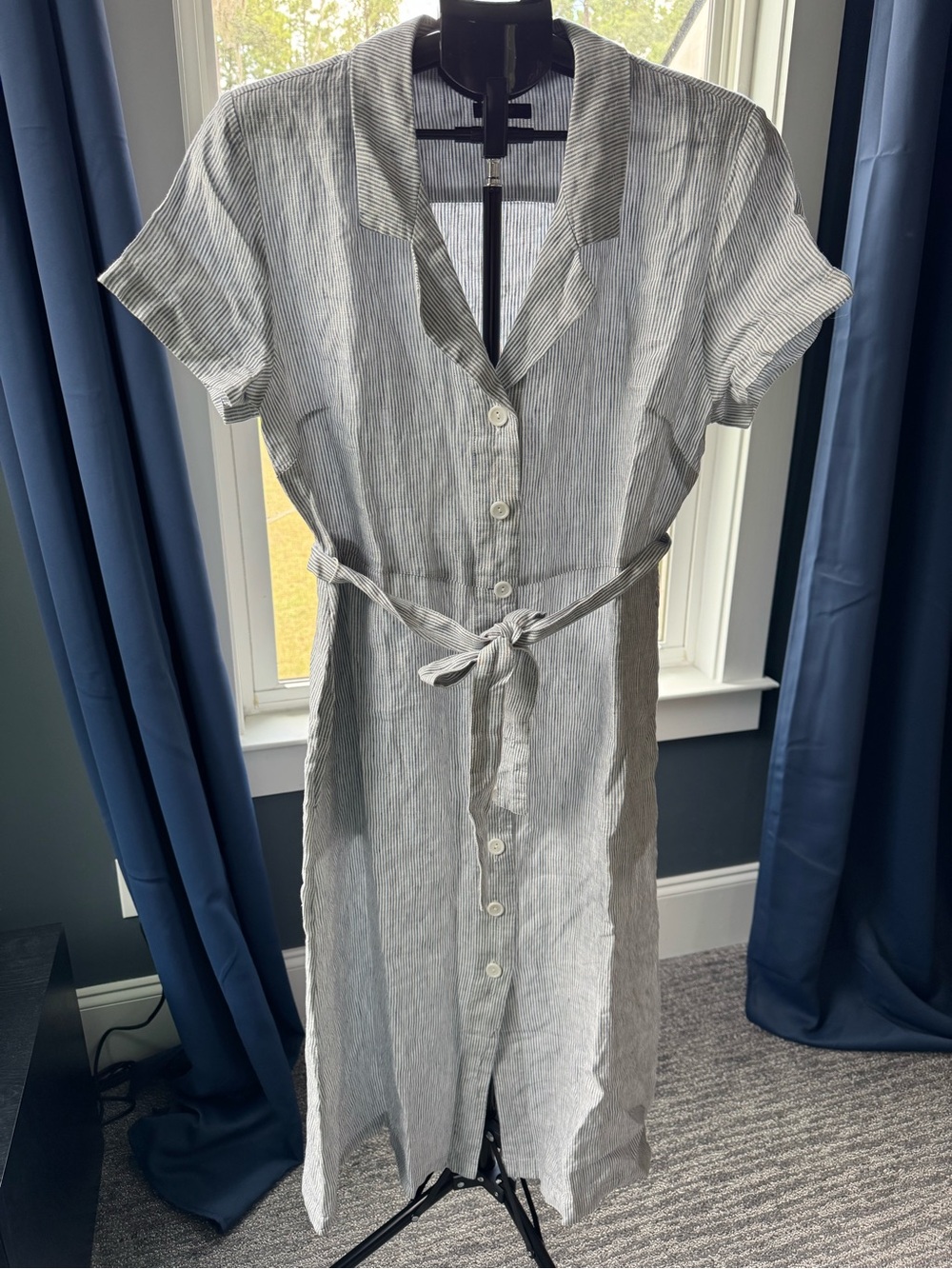 Quince 100% Linen Buttonfront Dress Blue Pinstripe Size Large